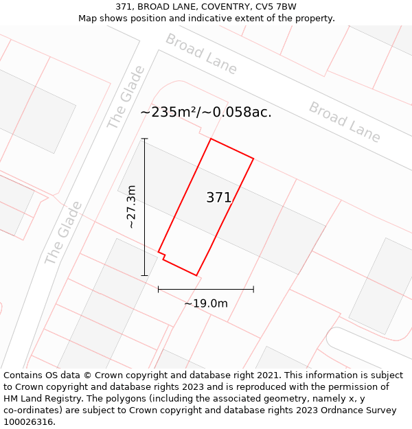 371, BROAD LANE, COVENTRY, CV5 7BW: Plot and title map