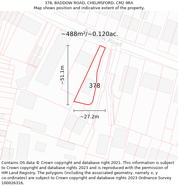 378, BADDOW ROAD, CHELMSFORD, CM2 9RA: Plot and title map