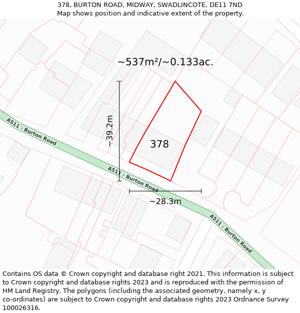 378, BURTON ROAD, MIDWAY, SWADLINCOTE, DE11 7ND: Plot and title map