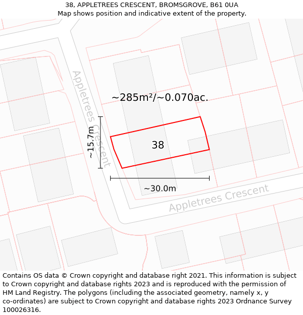 38, APPLETREES CRESCENT, BROMSGROVE, B61 0UA: Plot and title map