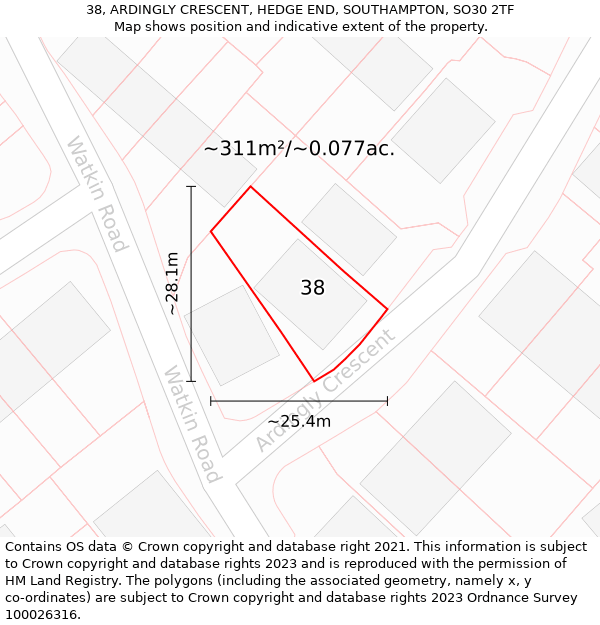 38, ARDINGLY CRESCENT, HEDGE END, SOUTHAMPTON, SO30 2TF: Plot and title map