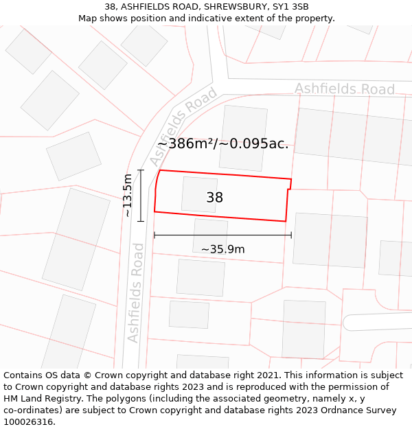 38, ASHFIELDS ROAD, SHREWSBURY, SY1 3SB: Plot and title map