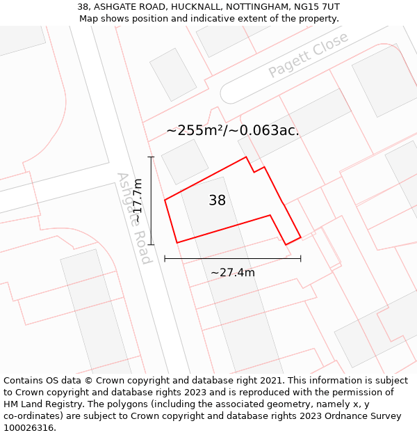 38, ASHGATE ROAD, HUCKNALL, NOTTINGHAM, NG15 7UT: Plot and title map