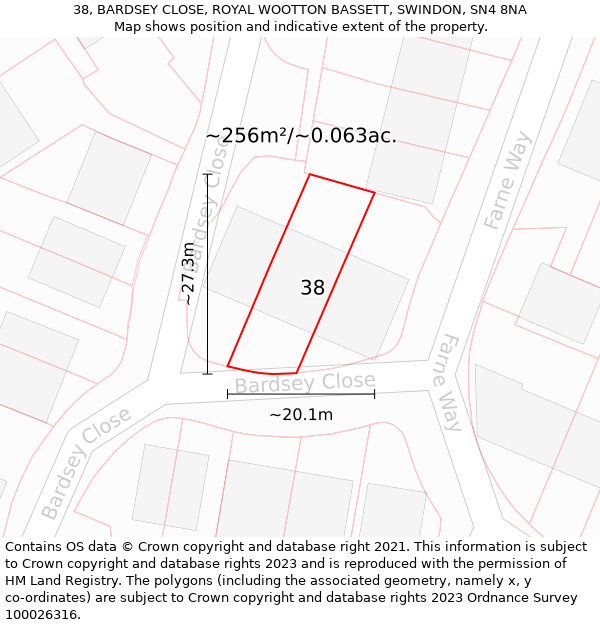 38, BARDSEY CLOSE, ROYAL WOOTTON BASSETT, SWINDON, SN4 8NA: Plot and title map