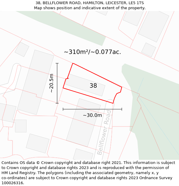 38, BELLFLOWER ROAD, HAMILTON, LEICESTER, LE5 1TS: Plot and title map