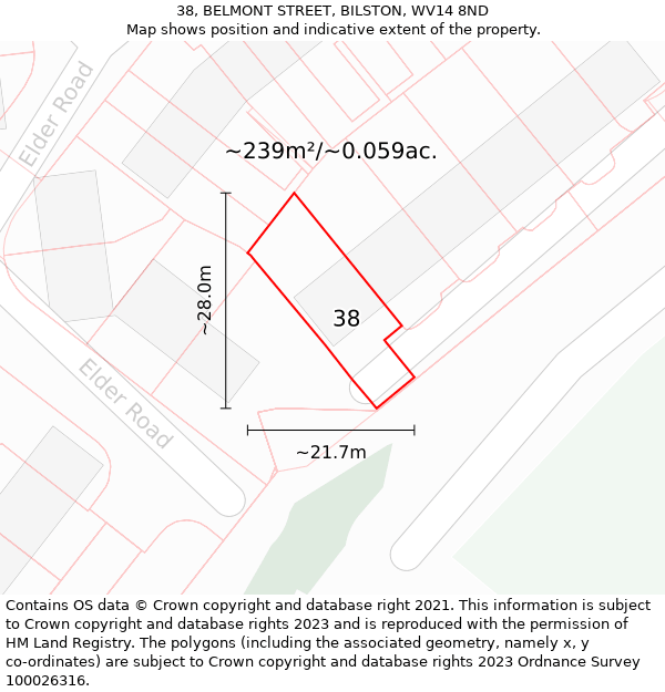 38, BELMONT STREET, BILSTON, WV14 8ND: Plot and title map