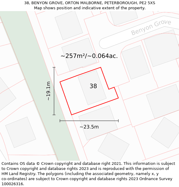 38, BENYON GROVE, ORTON MALBORNE, PETERBOROUGH, PE2 5XS: Plot and title map