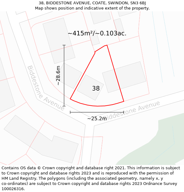 38, BIDDESTONE AVENUE, COATE, SWINDON, SN3 6BJ: Plot and title map