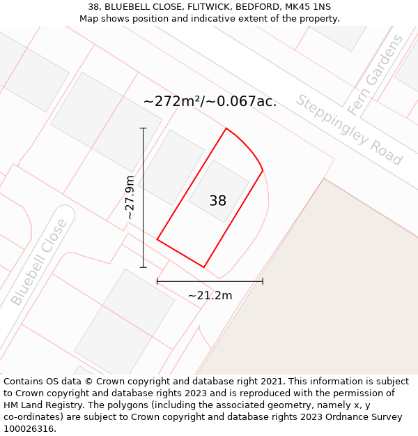 38, BLUEBELL CLOSE, FLITWICK, BEDFORD, MK45 1NS: Plot and title map