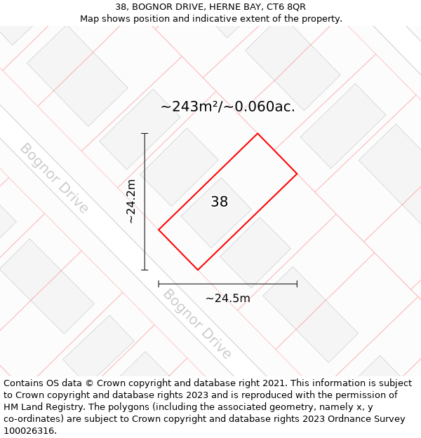 38, BOGNOR DRIVE, HERNE BAY, CT6 8QR: Plot and title map