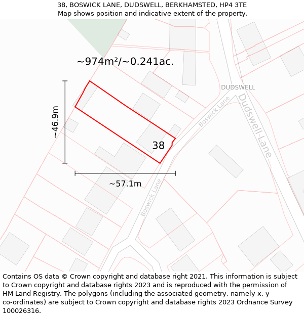 38, BOSWICK LANE, DUDSWELL, BERKHAMSTED, HP4 3TE: Plot and title map