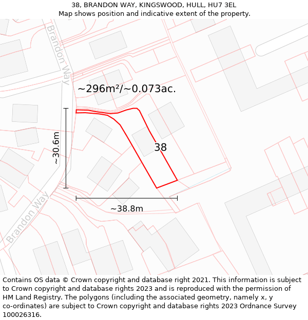 38, BRANDON WAY, KINGSWOOD, HULL, HU7 3EL: Plot and title map