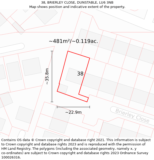 38, BRIERLEY CLOSE, DUNSTABLE, LU6 3NB: Plot and title map