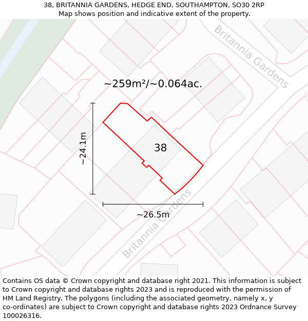 38, BRITANNIA GARDENS, HEDGE END, SOUTHAMPTON, SO30 2RP: Plot and title map