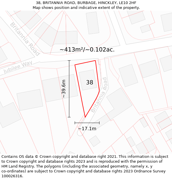 38, BRITANNIA ROAD, BURBAGE, HINCKLEY, LE10 2HF: Plot and title map