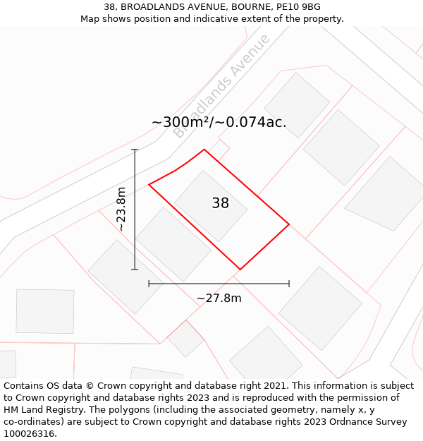 38, BROADLANDS AVENUE, BOURNE, PE10 9BG: Plot and title map