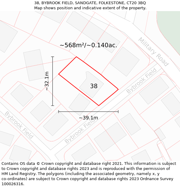 38, BYBROOK FIELD, SANDGATE, FOLKESTONE, CT20 3BQ: Plot and title map