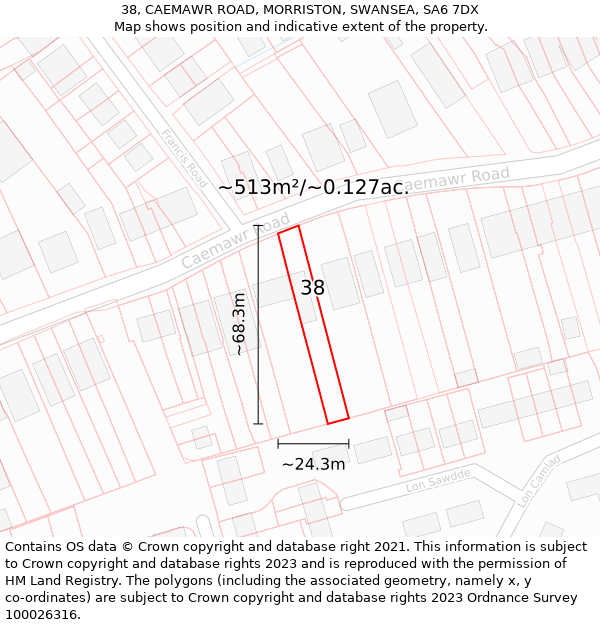 38, CAEMAWR ROAD, MORRISTON, SWANSEA, SA6 7DX: Plot and title map