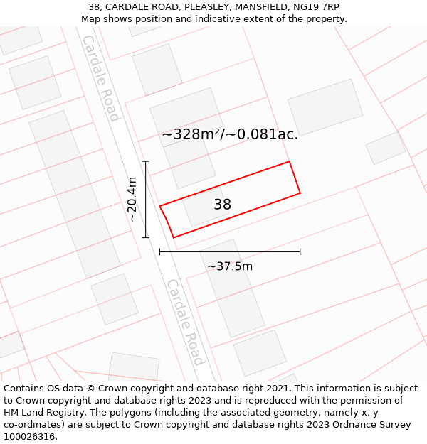 38, CARDALE ROAD, PLEASLEY, MANSFIELD, NG19 7RP: Plot and title map