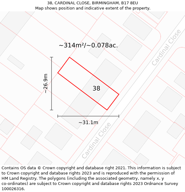 38, CARDINAL CLOSE, BIRMINGHAM, B17 8EU: Plot and title map