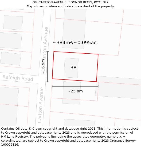 38, CARLTON AVENUE, BOGNOR REGIS, PO21 3LP: Plot and title map