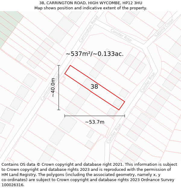 38, CARRINGTON ROAD, HIGH WYCOMBE, HP12 3HU: Plot and title map