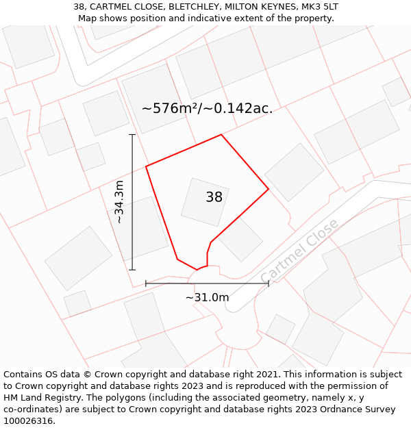 38, CARTMEL CLOSE, BLETCHLEY, MILTON KEYNES, MK3 5LT: Plot and title map