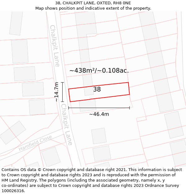 38, CHALKPIT LANE, OXTED, RH8 0NE: Plot and title map