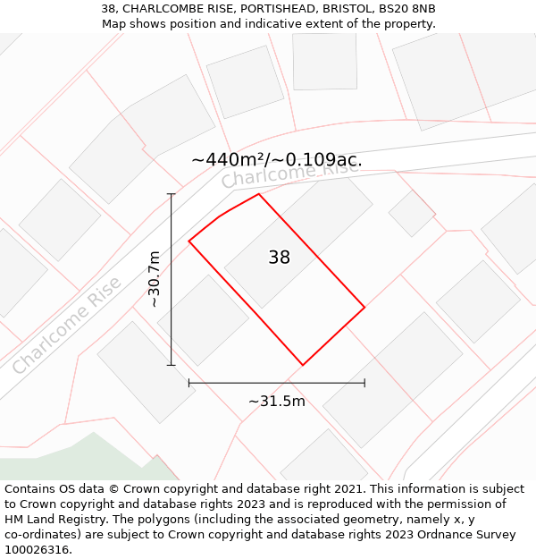 38, CHARLCOMBE RISE, PORTISHEAD, BRISTOL, BS20 8NB: Plot and title map