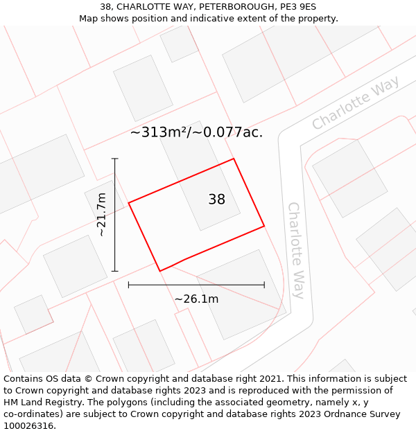 38, CHARLOTTE WAY, PETERBOROUGH, PE3 9ES: Plot and title map