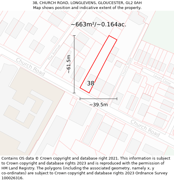 38, CHURCH ROAD, LONGLEVENS, GLOUCESTER, GL2 0AH: Plot and title map