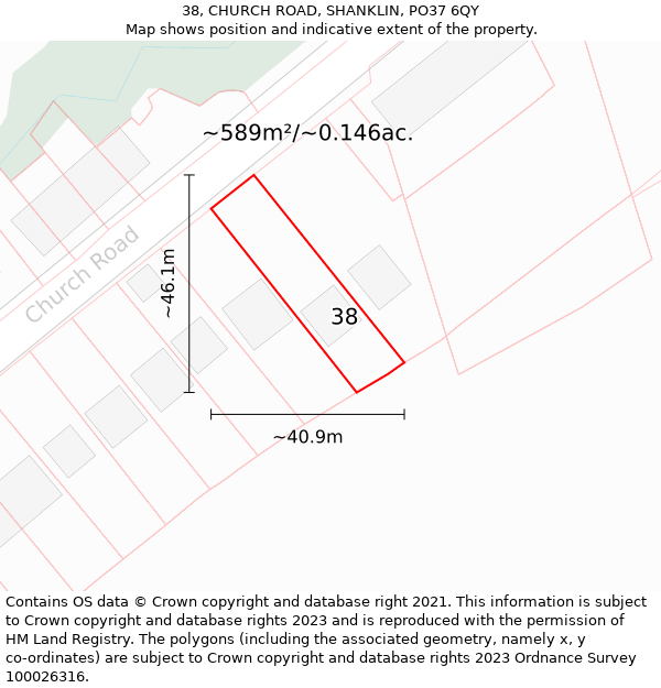 38, CHURCH ROAD, SHANKLIN, PO37 6QY: Plot and title map