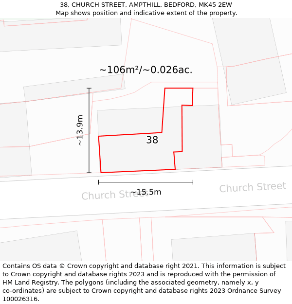 38, CHURCH STREET, AMPTHILL, BEDFORD, MK45 2EW: Plot and title map