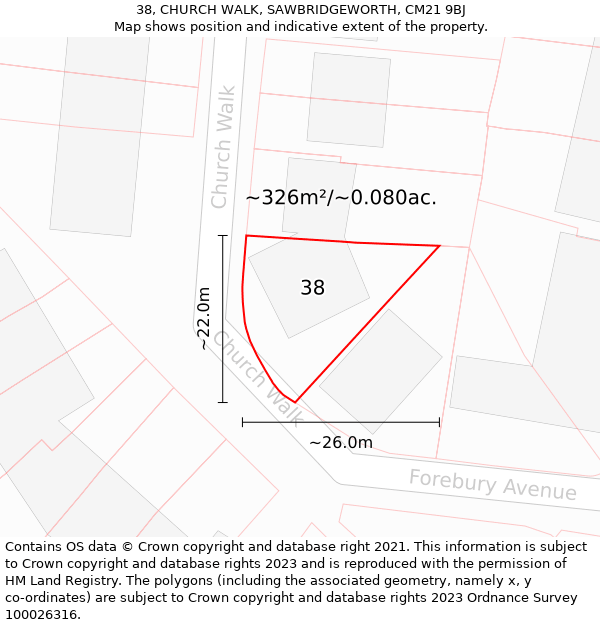 38, CHURCH WALK, SAWBRIDGEWORTH, CM21 9BJ: Plot and title map