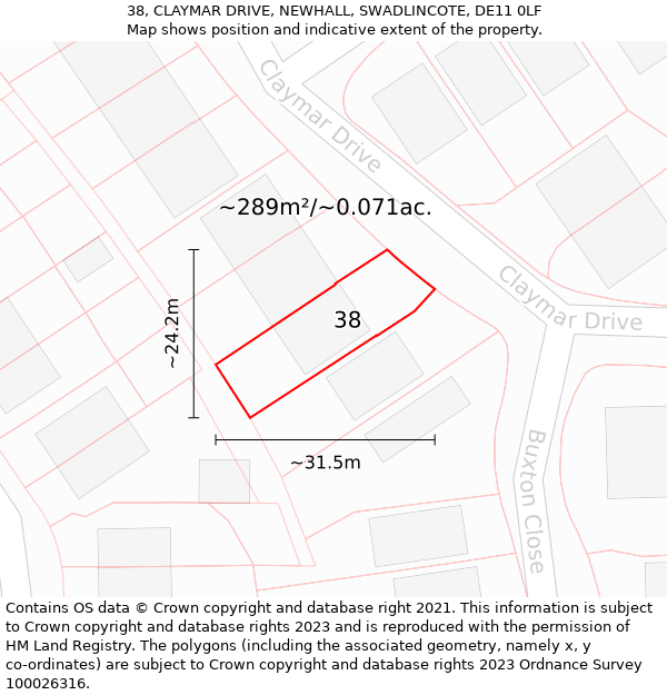 38, CLAYMAR DRIVE, NEWHALL, SWADLINCOTE, DE11 0LF: Plot and title map