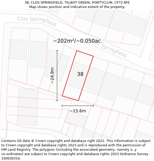 38, CLOS SPRINGFIELD, TALBOT GREEN, PONTYCLUN, CF72 8FE: Plot and title map