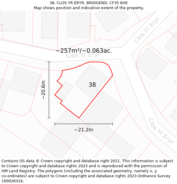 38, CLOS YR ERYR, BRIDGEND, CF35 6HE: Plot and title map