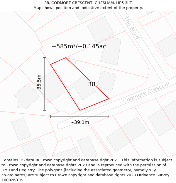 38, CODMORE CRESCENT, CHESHAM, HP5 3LZ: Plot and title map