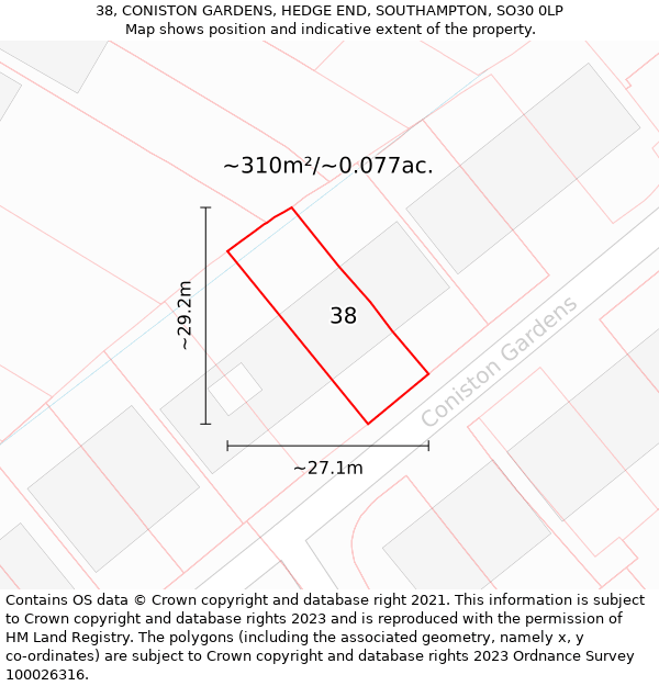 38, CONISTON GARDENS, HEDGE END, SOUTHAMPTON, SO30 0LP: Plot and title map