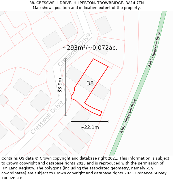 38, CRESSWELL DRIVE, HILPERTON, TROWBRIDGE, BA14 7TN: Plot and title map