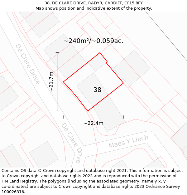 38, DE CLARE DRIVE, RADYR, CARDIFF, CF15 8FY: Plot and title map