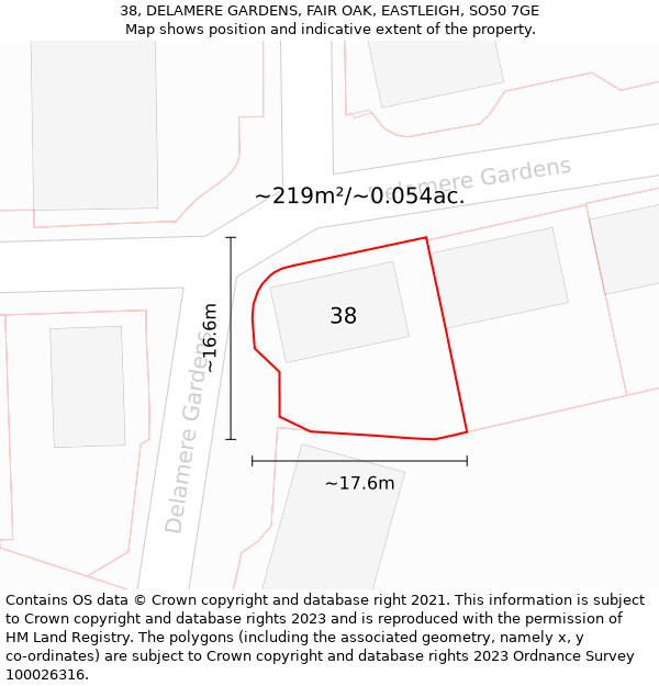 38, DELAMERE GARDENS, FAIR OAK, EASTLEIGH, SO50 7GE: Plot and title map