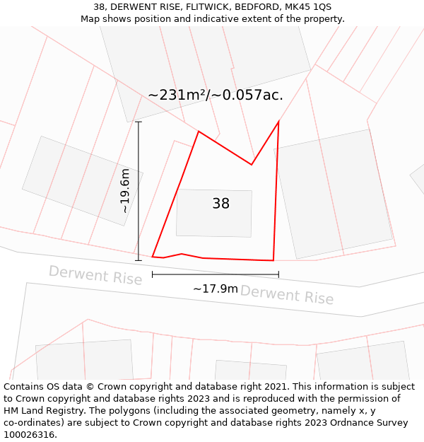 38, DERWENT RISE, FLITWICK, BEDFORD, MK45 1QS: Plot and title map