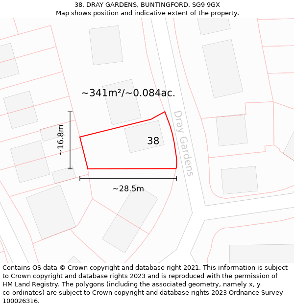 38, DRAY GARDENS, BUNTINGFORD, SG9 9GX: Plot and title map