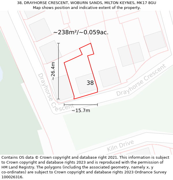 38, DRAYHORSE CRESCENT, WOBURN SANDS, MILTON KEYNES, MK17 8GU: Plot and title map