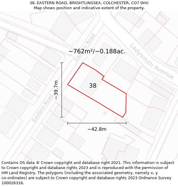 38, EASTERN ROAD, BRIGHTLINGSEA, COLCHESTER, CO7 0HU: Plot and title map