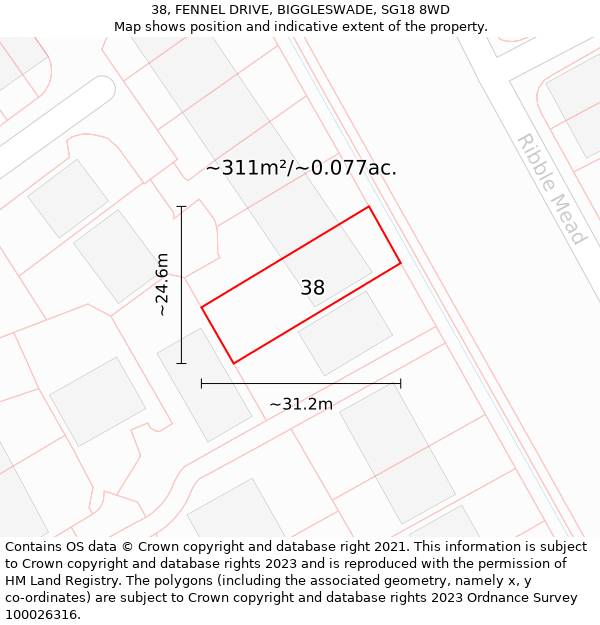 38, FENNEL DRIVE, BIGGLESWADE, SG18 8WD: Plot and title map