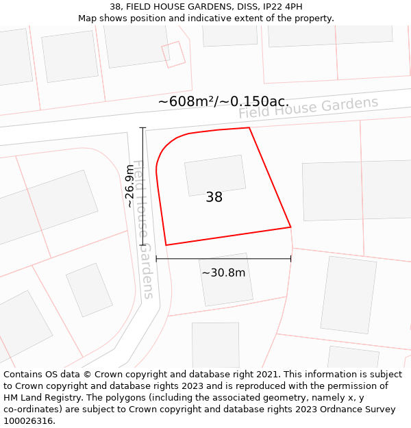 38, FIELD HOUSE GARDENS, DISS, IP22 4PH: Plot and title map