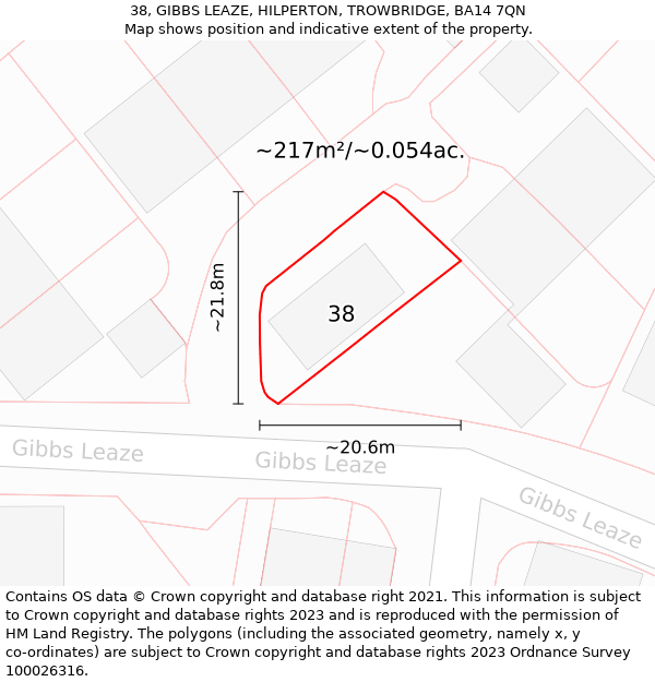 38, GIBBS LEAZE, HILPERTON, TROWBRIDGE, BA14 7QN: Plot and title map