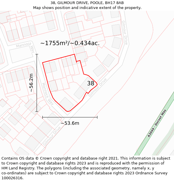 38, GILMOUR DRIVE, POOLE, BH17 8AB: Plot and title map